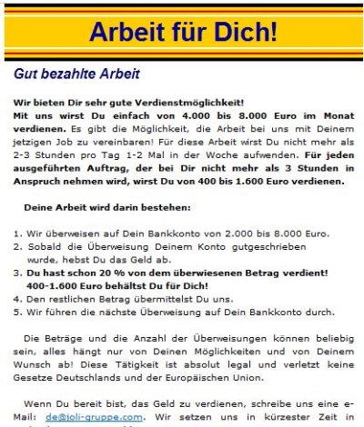 Arbeitsangebot. Achtung Geldwäsche