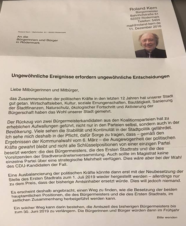 Brief von Roland Kern an die Bürger von Rödermark. Seite 1