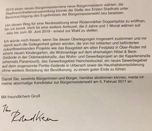 Brief von Roland Kern an die Bürger von Rödermark. Seite 1