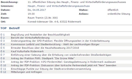 Rödermark. Ausschusssitzung 4.5.2017