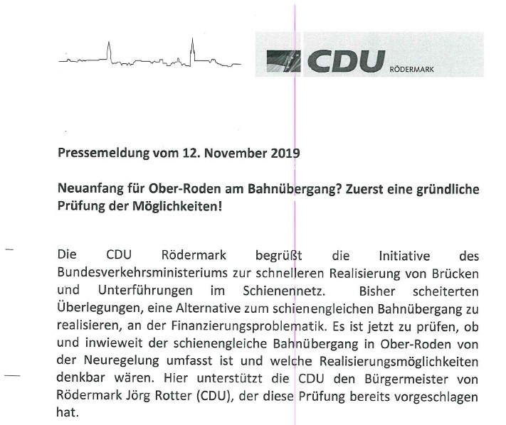 PM der CDU Rödermark zur Bahnunterführung