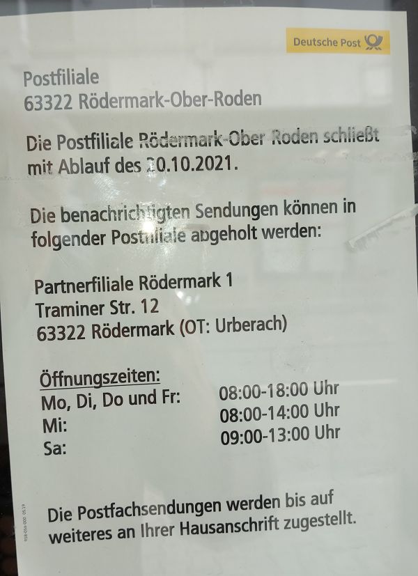 Postfiliale Ober-Roden geschlossen.