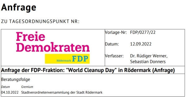 FDP Anfrage zum World Cleanup Day
